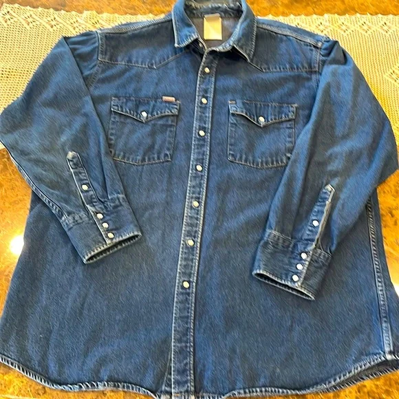 VTG Carhartt Rugged Denim Western Work Shirt Overshirt Pearl Snaps Yoke Pockets - Picture 1 of 14